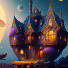 Fantasy castle on cliff under moon and planet with boat on waterway