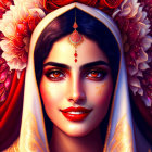 Illustration of Woman with Luminous Eyes and Red Bindi in White Veil