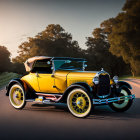 Vintage yellow convertible car on road surrounded by trees at sunset