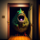 Green monster with big eyes and red shoes in doorway