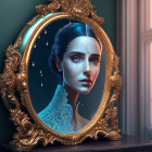 Blue-skinned woman with glowing freckles in ornate mirror setting.