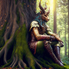 Fantasy warrior with dragon-like head in ornate armor in sunlit forest