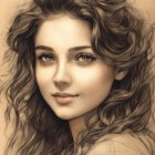 Sepia-toned portrait of a young woman with flowing curly hair