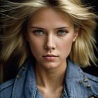 Portrait of Woman with Blonde Hair, Blue Eyes, and Denim Jacket