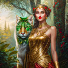 Regal woman and mystical tiger in lush forest setting