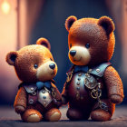 Steampunk-themed teddy bears in detailed outfits against warm, torch-lit backdrop