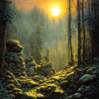 Enchanting forest path with rocky outcrops and towering trees in golden sunlight