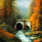 Tranquil autumn landscape with stone bridge and misty trees