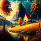 Tranquil autumn landscape with river, house, colorful trees