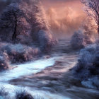 Winter river scene with frosted trees at dusk