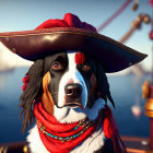 Tricolor-coated dog in pirate costume on ship with blurred maritime backdrop