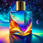 Colorful Cosmic Perfume Bottle Illustration with Golden Cap