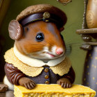 Anthropomorphic hamster in period costume with cheese block at table