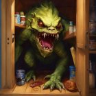 Monstrous green creature emerges from cupboard among food items