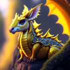 Golden dragon with orange wings perched on tree in mystical forest