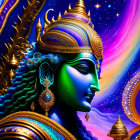 Colorful Hindu Deity Artwork with Blue Skin and Cosmic Background