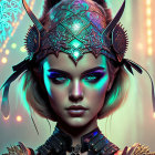 Fantasy-themed digital portrait of a woman with blue eyes and intricate headdress