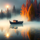 Autumn lake scene with wooden boat, mist, colorful trees at sunrise