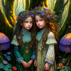 Whimsical forest scene with young girls, flower crowns, mushrooms, and glowing flora