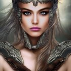 Female warrior portrait: blue-eyed, metal helmet, armor, flowing hair