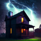 Gothic-style wooden house in stormy night with lightning