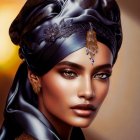 Digital artwork: Woman with decorative headscarf, gold earrings, and bejeweled forehead piece