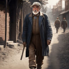 Elderly gentleman in flat cap and overcoat on dusty street