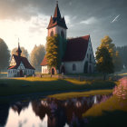 Tranquil sunrise landscape with church, river, flowers, trees, and shooting star