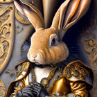 Anthropomorphic rabbit in gold-trimmed coat with pocket watch