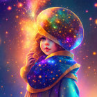 Cosmic-themed outfit girl with galaxy-filled helmet surrounded by stars and nebulae