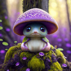 Illustration of cute creature with large eyes in purple forest