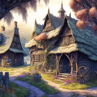 Enchanting fantasy village with thatched-roof cottages and cobblestone path