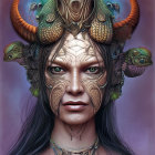 Fantasy-inspired headdress with horns and reptilian creatures on purple backdrop