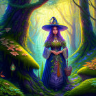 Mystical witch in enchanting forest with wand and basket