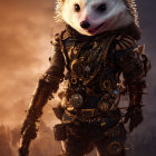 Anthropomorphic hedgehog in medieval armor with staff on cityscape backdrop