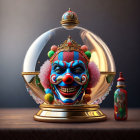 Colorful Clown Head Encased in Glass Dome with Painted Bottle