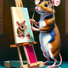 Anthropomorphic mouse painting portrait of smaller mouse on canvas in classical setting