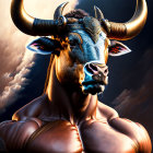 Muscular man-bodied bull-headed creature in cloudy sky scene