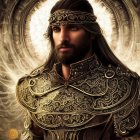 Bearded man in golden armor with glowing halo rings