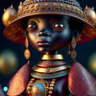 Detailed 3D character illustration: glowing red eyes, intricate golden jewelry and armor, with spherical object