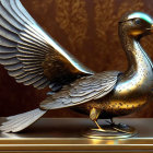 Detailed Metallic Bird Sculpture with Outstretched Wing on Pedestal