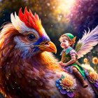 Colorful fairy sitting on large chicken in magical forest with flowers