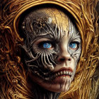 Fantasy portrait with human-meets-mechanical elements and gold accents