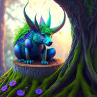 Colorful creature with multiple horns resting in enchanting forest