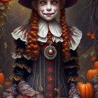 Girl in Skull Face Paint Halloween Costume with Pumpkin in Autumn Setting