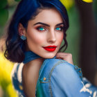 Vibrant portrait of woman with blue hair, red lipstick, and green eyes