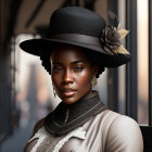 Dark-skinned woman in wide-brimmed hat and vintage outfit portrait.