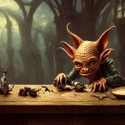 Goblin with large ears examines mechanical insects at wooden table