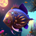 Colorful digital artwork: Stylized fish with intricate patterns in moonlit underwater scene