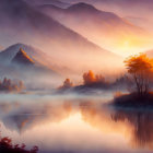 Tranquil sunrise over misty mountains and serene lake with vibrant tree